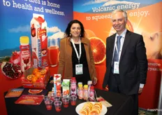 Sara Grasso and Salvo Laudani, Oranfrizer sales export manager and marketing manager. The Italian company produces and distributes a full range of Sicilian citrus fruits, mainly red oranges.  A 100% not-from-concentrate juice is also supplied by Oranfrizer Juice, complemented by the BIOR line of organic juices.