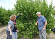Kellee Harris, Jeannine Martin and Jeff Warkentin with Giumarra look at Mica nectarines.