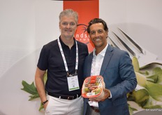 John Newell and Matt Modena with Windset Farms. Matt holds a new 2 lb. medley pack of tomatoes with compostable packaging.