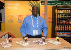 Tyson Billingsley with Del Monte Foods offered show attendees a sample of the company’s new non-dairy fruit parfait. It comes in strawberry, mango, blueberry and pineapple taste.
