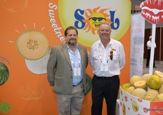 Rodolfo Arambulo and Ken Everett with Sol Group Marketing are talking to customers about the company’s melon programs.