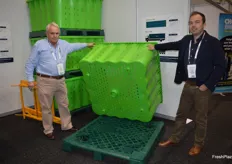 Ken Moras and Ronan MaGuire with new patented produce bins with a unique locking system.