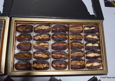 Pure Palestine works with special presentations for their dates. This packaging includes raisin-stuffed dates, walnut-stuffed dates, almond-stuffed dates, fig-stuffed dates, and cashew-stuffed dates. The company also offers chocolate-covered dates.