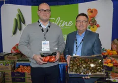 Max Mastronardi and Ken Green with Westmoreland - TopLine Farms show two new products. San Zano Roma tomatoes in pouch bags and Brown cocktail tomatoes for the foodservice segment.