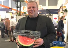 Richard Butera of Maglio Produce holding the Ready-Ripe watermelon pouch bag.