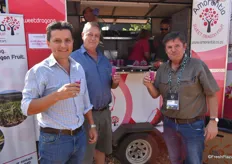 Hein Coetzee, chief operating officer of TopFruit, with Arnold Viljoen (TopFruit) and Thys Marais of Maluma, enjoying fresh dragonfruit juice.