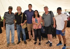 Chandrashekhar Chaporkar of Mahyco, India, with Graham Anderson, of Anderson Horticulture in Australia, Daniel Abbey also from Anderson Horticulture, Prof Neena Mitter of the Queensland Alliance of Agriculture and Food Innovation (QAAFI) at the University of Queensland with her colleague Steve Williams, deputy director of QAAFI, flanked by Vivek Mitter, also Univeristy of Queensland.
