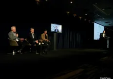State of the Industry Panel: Paul Turner from Woolworths, Matt Brand from Hort Innovation and Tristan Harris from Harris Farm Markets, with Darren Keating (on screen) from PMA A-NZ