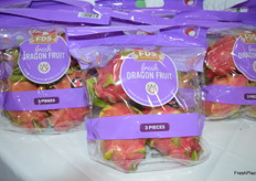 Three pieces of dragon fruit in a pouch bag. 