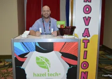 Joe Parker with Hazel Tech talks about the company's shelf-life extending technologies that help reducing food waste. The technology comes in small packages like Joe is showing. 