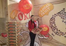 Stand of OKI, brand specialised in flat peaches, also known as paraguayo peaches.