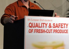 "Prof. Trevor Suslow (University of California Davis, USA), extensively detailed the aspects relating the biology and control systems of spoilage and pathogenic microorganisms. The U.S. Public Health Service has identified a number of microorganisms associated with foodborne illness that are notable either because of the severity or because of the prevalence of the illness they cause. Foodborne microbial pathogens associated with the consumption of fresh fruits and vegetables include Cyclospora cayetanensis, Escherichia coli O157:H7, hepatitis A virus, Listeria monocytogenes, Norovirus, Salmonella spp. and Shigella spp., coming from different sources such as raw material, production processes and/or environmental contaminations (water, air, surfaces, packaging, workers, insects, animals). Prof. Suslow, in a second speech, reported the microbiological testing presently used for the qualitative and quantitative detection of pathogens in fresh-cut products. In particular, Prof. Suslow foc