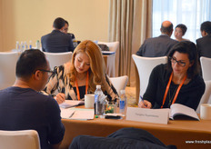 Mimi Corsaro Dorsey of Giumarra Vineyards (to the right) and Ruth Campos of Giumarra Companies in talks with Yonghui Superstores.