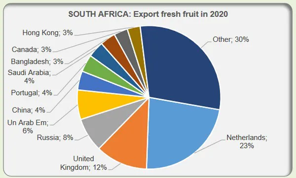 2020: South Africa sends far more fruit to EU and Russia; far less to China