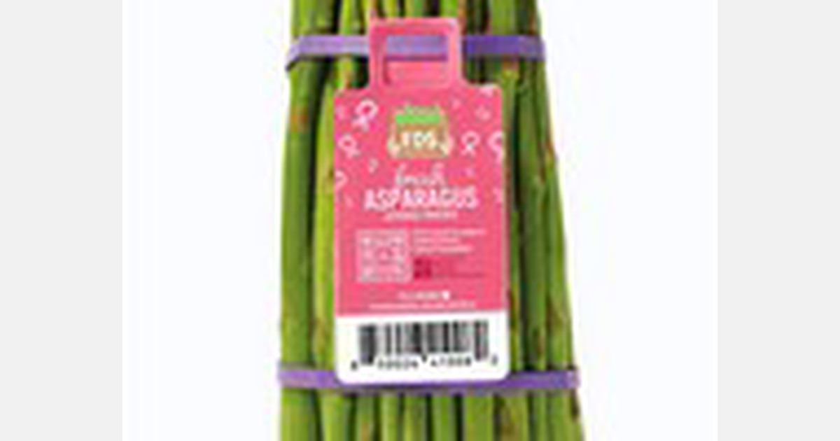 Pink co-branded tag for asparagus during breast cancer awareness month