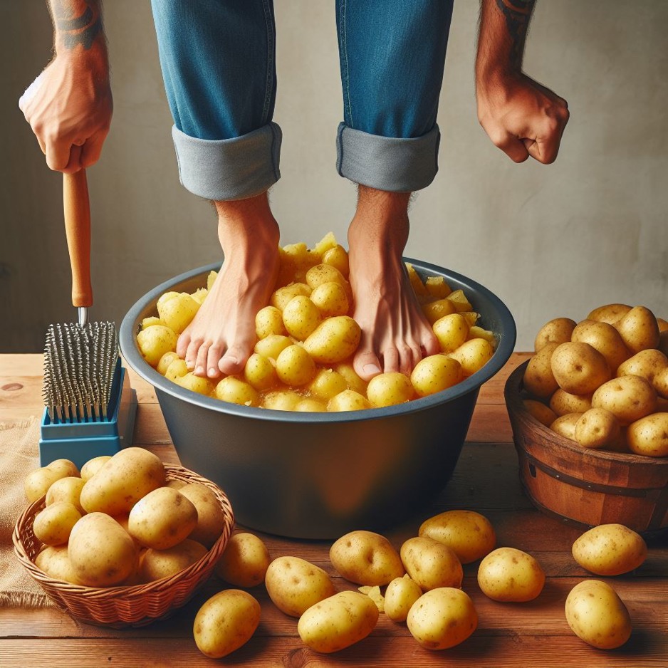 Man crushing potatoes with his feet for a dish