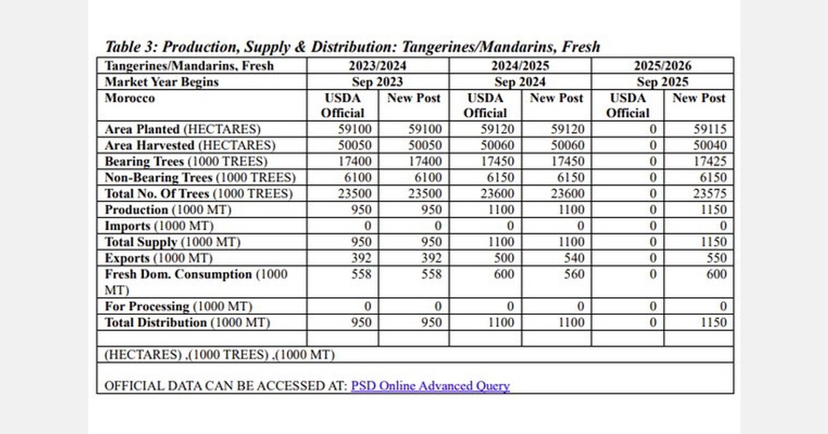 Morocco’s tangerine/mandarin production for MY 2025/26 expected to increase 4 percent