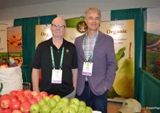Roy Ruff and Chris Ford with Viva Tierra Organic are happy to be at the Organic Produce Summit. On display are California organic pears. First harvest of the season started this week.