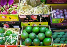 A selection of Vietnamese specialty fruits, including avocado, dragonfruit, passion fruit and durian. It was asked by the show organisation not to open any durian on the exhibition.