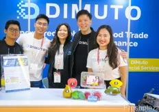 Dimuto is a Singapore technology company whose solutions provide visibility throughout the entire supply chain from orchard throughout transportation and shipment into the shop, with all data being captured and saved on the block chain. From left to right are: Thot Hlaing, Nixon Osckar, Kimberly Ho, Gary Loh and Lee HuiMin.