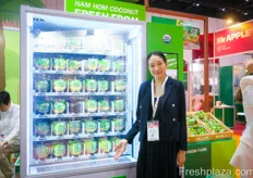 A fresh cononut water vending machine perfectly fits the trend of the freshest fruit juice, with coconut water drinkeable directly from the fruit itself. On the photo is Tiparat Jiamjarasrangsi (Nine) from K Fresh Co. Ltd. from Thailand.