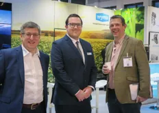 Wyma post-harvest is a cleaning and grading specialist. The company has a global presence with four factories, NZ, EU, UK and about to open German head quarters, says Ernie Panks. The company wants to become more local. On the photo are Ernie Panks, Hugh Paterson and Jamie Lockhart.