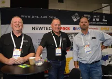 DNL supply, install and maintain post-harvest automation systems from European suppliers, if they can’t source it they will make them selves in New Zealand. Simon Musson and Nigel Hollis from DNL and Brett Crayson from Moon Rocks.