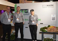 The EcoMark laser printer is here! It prints directly onto fruit and veg without using any ink. Michael Dosser, Paul Rushton and Val Skyba.