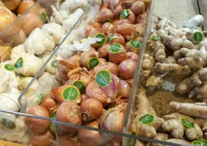 Organic garlic, shallots, and ginger are labeled accordingly by the store.