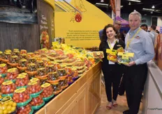 Lori Castillo and Michael Joergensen from NatureSweet. They are extending their product line with peppers and cucumbers. They also promote the new Comets tomatoes.