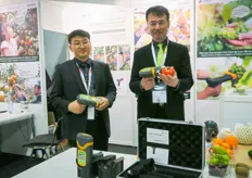 SunForest from South Korea develops and sales portable NIR Spectrometers, or portable non-destructive fruit quality meters. On the photo are Jay Whang and Gilbert Lee.
