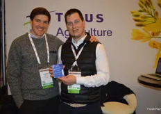 Sonny Gamble and Sean Moore with Muddy Boots by TELUS Agriculture proudly show a cold chain tag that enables accurate temperature monitoring. 