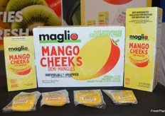 Mango cheeks, the latest innovation from Maglio Produce. Peeled and sliced mango halves that are individually wrapped and have a shelf life of more than 30 days. 