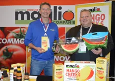 Jeff Stachelek and Rick Butera with Maglio Companies proudly show some of the company's innovations including mango cheeks, juices, and ready-ripe watermelon pouches that extend the shelf life of fresh-cut watermelons. 